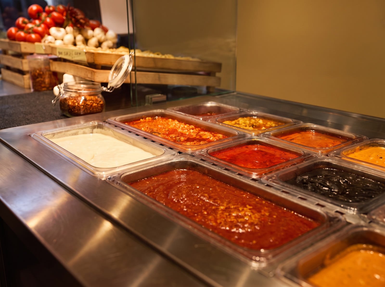 The seven sauces waiting in their trays at the counter